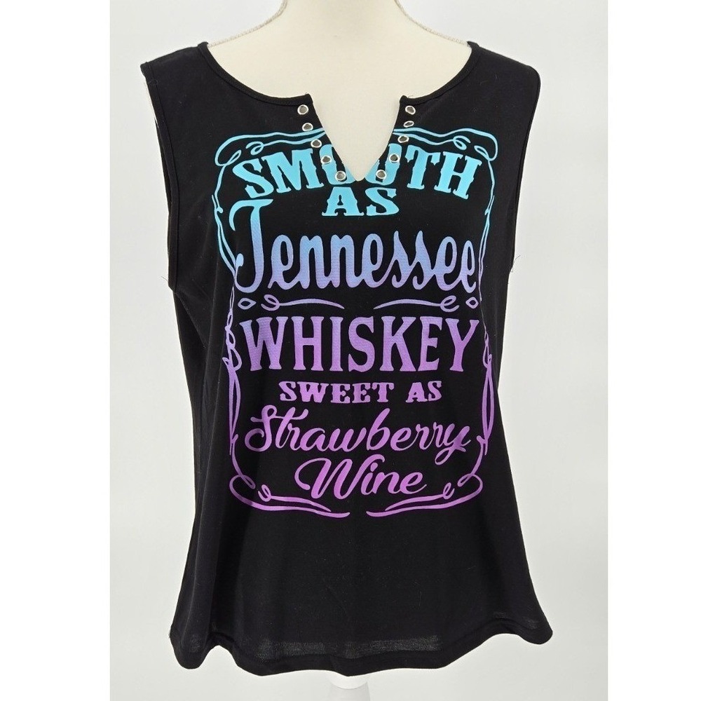 Black Graphic Whiskey Strawberry Wine Tank Top‎ Lace Up Neckline